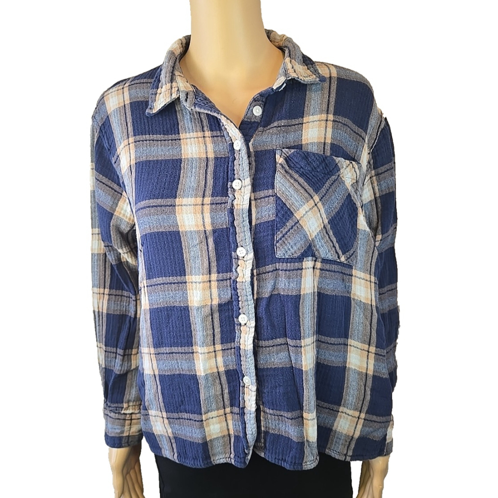 Aerie Womens Blue and Tan Plaid Long Sleeve Button Down Size Small